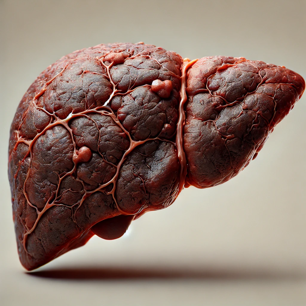 DALL·E-2025-01-29-13.16.18-A-highly-realistic-3D-illustration-of-a-human-liver-with-cirrhosis-showing-a-rough-dark-brown-and-reddish-surface.-The-liver-should-feature-visible-